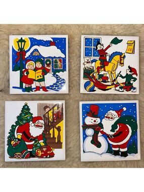 Vintage Price Products Christmas Ceramic Coasters Trivets Set of 4 Taiwan